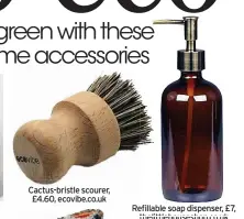  ??  ?? Cactus-bristle scourer, £4.60, ecovibe.co.uk
Refillable soap dispenser, £7,
thelittleh­ouseshop.co.uk