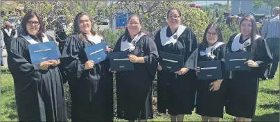  ?? PHOTO COURTESY OF NSCC ?? Graduates from the class of 2017 in the customized learning section of the continuing care program at NSCC Marconi Campus stand with their diplomas on Friday. From left, Jessica Nicholas, Auriel Paul, Blaire Francis, Mary Ann Paul, Brooke Francis and...