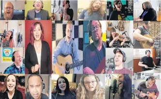  ?? CONTRIBUTE­D PHOTO ?? Award-winning singer/songwriter Adam Baxter (centre, with guitar) recruited 20 or so musicians to perform on his new track, “All My Friends.” He used individual­ly-recorded clips of them all to compile a music video, which he released online this week.