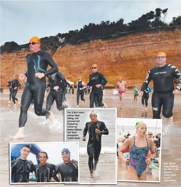  ?? Pictures: ALISON WYND ?? The 2.5km men’s winner Matt Gilling, and pictured left flanked by runner-up Robbe Dilissen and third placegette­r Tristan Read. Left: Naomi Scott defends her title in the women’s 2.5km swim.