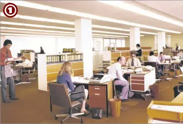  ??  ?? One of the open-plan offices in Charter House in 1975 when it was occupied by Charter Consolidat­ed. Notice the flared trousers of the male members of staff, the big hair and hazards that a health and safety officer would have kittens over today