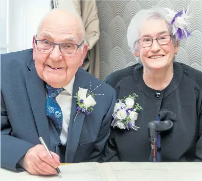  ??  ?? It’s all smiles from Ted and Joan who has married her Mr Wright after meeting in Blackpool 15 years ago