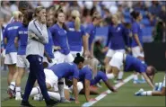  ?? ALESSANDRA TARANTINO - THE ASSOCIATED PRESS ?? U.S. coach Jill Ellis watches her players warm up for the team’s Women’s World Cup soccer final against the Netherland­s in Decines, outside Lyon, France, on July 7.