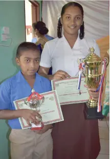  ?? Photo: Shratika Naidu ?? Hindi poster competitio­n first prize getters in the primary division Bhavesh Naidu of Batinikama Primary School and Divya Dharshni of Batinikama College in Labasa on May 17, 2017.