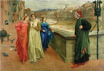  ?? ?? E PRIMA FU BEATRICE Un dipinto di Henry Holiday (1839-1927) del 1884 che immagina l’incontro tra Dante e Beatrice al ponte
Santa Trinita di Firenze.