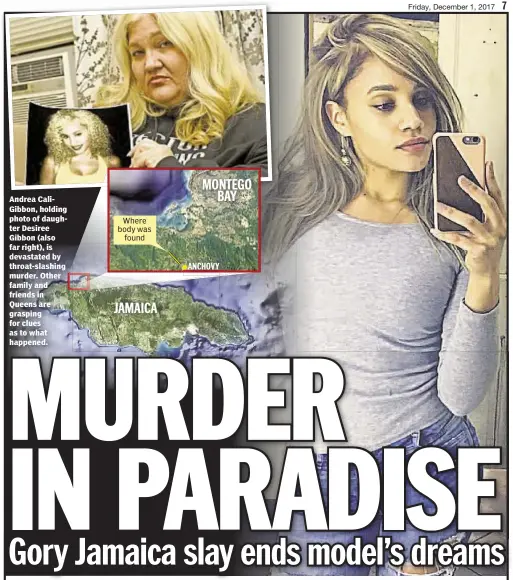  ??  ?? Andrea CaliGibbon, holding photo of daughter Desiree Gibbon (also far right), is devastated by throat-slashing murder. Other family and friends in Queens are grasping for clues as to what happened.