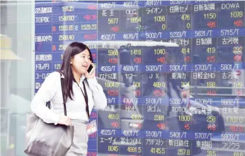  ?? — AFP ?? TOKYO: A woman passes before a share prices board.