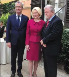  ??  ?? Irish Ambassador Derek Hannon, US Ambassador Callista GIngrich, and O’Flaherty Society Chairperso­n Jerry O’Grady.