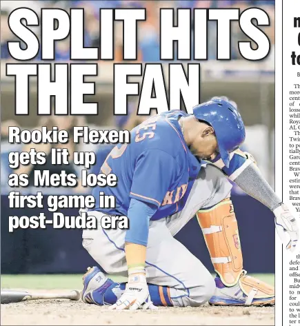  ??  ?? DOWN, BUT NOT OUT: Yoenis Cespedes is slow to get up following a swing during the seventh inning Thursday night in San Diego. Cespedes eventually hit an RBI double in this at-bat in the Mets’ 7-5 loss.