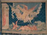  ?? ?? Saint Michel combat le dragon, troisième pièce, scène 36 de la Tenture de l'apocalypse, la plus ancienne et monumental­e tapisserie conservée de l'époque médiévale.