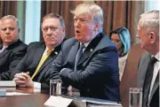  ?? [AP PHOTO] ?? President Donald Trump speaks during a cabinet meeting Thursday at the White House in Washington. From left are Deputy Secretary of Interior David Bernhardt, Secretary of State Mike Pompeo, Trump, and Secretary of Defense Jim Mattis.