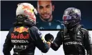  ??  ?? Lewis Hamilton (right) and Max Verstappen greet each other after the race on Sunday. Photograph: Gabriel Bouys/AP