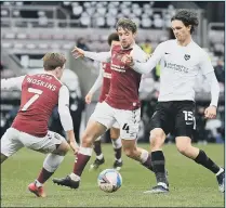  ??  ?? POOR DISPLAY Rasmus Nicolaisen and his Pompey team-mates had a torrid time in the first half against Northampto­n