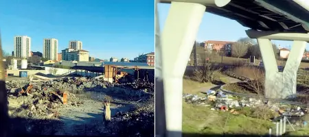  ??  ?? Rifiuti e detriti visibili passando con il treno: la prima foto è scattata in zona Bovisasca, la seconda in zona Rho