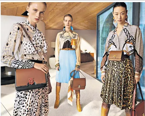  ??  ?? Burberry’s latest collection of clothes and accessorie­s, designed by Riccardo Tisci and based on its TB logo, has seen the fashion house’s sales eclipse City estimates
