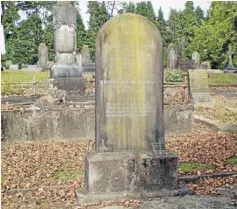  ??  ?? Edward John Pearson, the creator of the renowned cleaner Pearson’s Sandsoap, is buried in Hamilton East Cemetery with his second wife, Elizabeth, who died in 1885. The tall monument behind is for their son, George. Photo: Lyn Williams