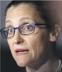  ?? FRED CHARTRAND / THE CANADIAN PRESS ?? Chrystia Freeland says she is reviewing reports of Saudis using Canadian-made vehicles against their own citizens.