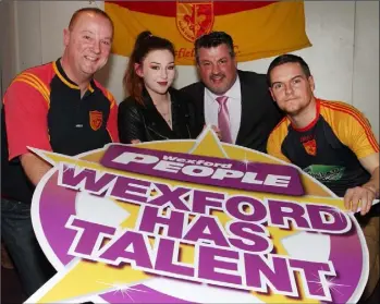  ??  ?? At the launch of the Wexford People-sponsored ‘Wexford Has Talent’ competitio­n in Clayton Whites Hotel: Killian Duignan, Sarsfields Club Chairman, Tara Doyle Robinson, last year’s winner, Cllr George Lawlor and Philly Cullen.