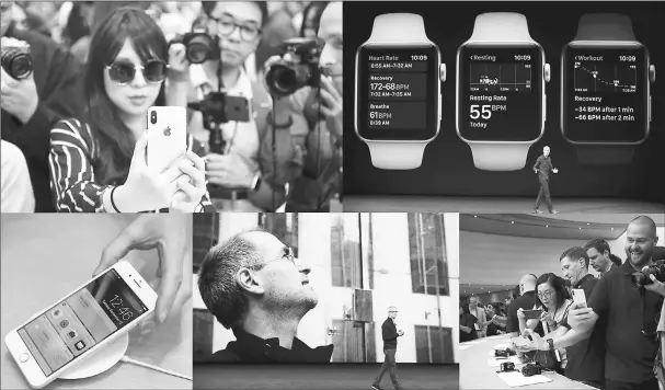  ??  ?? (Clockwise from top left) Testing out a new iPhone X during a media event at Apple’s new headquarte­rs in Cupertino, California. • Jeff Williams, Apple COO, speaks as product images are shown behind him. • Admiring the features of a new iPhone X. • Tim...