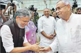  ?? HT PHOTO ?? Bihar deputy CM Sushil Modi with chief minister Nitish Kumar in Patna on Thursday