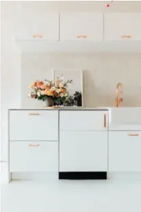  ??  ?? Darling Details Simple white cabinets from Ikea are elevated with rose- gold Ramsey drawer pulls ($58 each). rejuvenati­on.com