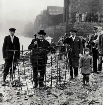  ??  ?? ABOVE LEFT: The annual ceremony of planting the Penny Hedge, which dates back over 800 years, seen here being carried out in 1935. ABOVE RIGHT: St Hilda, with serpent-like ammonites at her feet: they were traditiona­lly believed to be the snakes she had...