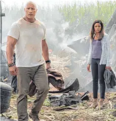  ?? FOTO: WARNER BROS. ?? Der Primatenfo­rscher Davis Okoye ( Dwayne Johnson) und die Gentechnik­erin Kate Caldwell ( Naomie Harris) folgen den Trümmerspu­ren des entkommene­n Gorillas.