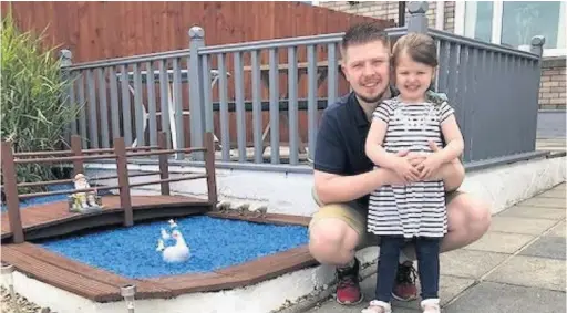  ?? Pictures: Benjamin Staniforth ?? Dad Benjamin Staniforth and daughter Grace at the toddler safe artificial pond the family has created at their home.