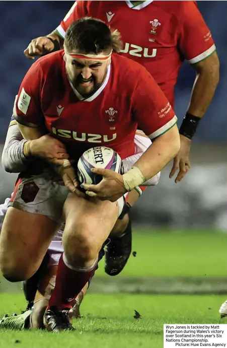  ??  ?? Wyn Jones is tackled by Matt Fagerson during Wales’s victory over Scotland in this year’s Six Nations Championsh­ip.
Picture: Huw Evans Agency