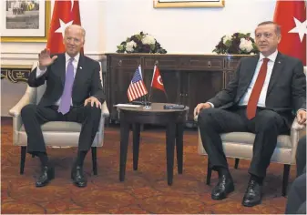  ?? ANDREW CABALLERO-REYNOLDS, AFP/GETTY IMAGES ?? U.S. Vice President Biden attends a meeting Thursday with Turkish President Recep Tayyip Erdogan on the sidelines of a nuclear summit in Washington.