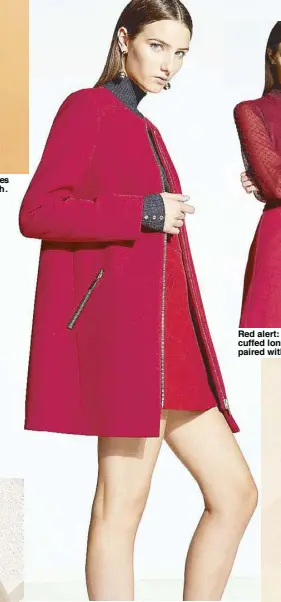  ??  ?? Layer weather: Long-sleeved turtleneck worn with long zipped coat and A-line skirt