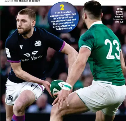  ?? ?? Finn Russell’s appearance yesterday 67th-minute as a was just replacemen­t in second time the he has 63 caps that failed to start
IRISH SIGHS: Russell made no impact as late sub