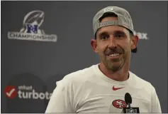  ?? BEN MARGOT — THE ASSOCIATED PRESS ?? San Francisco 49ers head coach Kyle Shanahan speaks at a news conference after the NFC Championsh­ip game against the Green
Bay Packers on Sunday in Santa Clara.