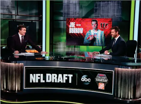  ?? Allen KEE/ESPN Images via AP ?? In a photo provided by ESPN Images, Rece Davis, left, and Jesse Palmer discuss the NFL football draft, Thursday, April 23, 2020, in Bristol, Conn.