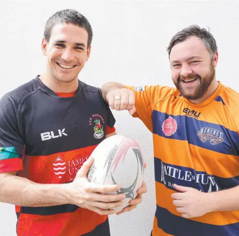  ?? Picture: MARC MCCORMACK ?? GRADE EXPECTATIO­NS: Joel Sykes from JCU Mariners and Russell Todd from the Mudcrabs are all geared up and ready to go when the first round of the FNQ Rugby competitio­n kicks off today.