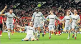  ?? REUTERS ?? Derby County's Jack Marriott celebrates scoring their second goal against Manchester United.