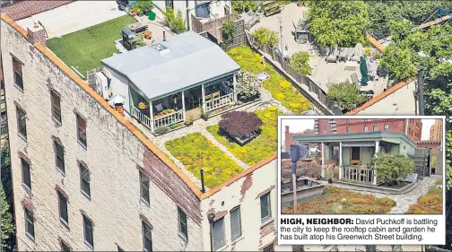  ??  ?? HIGH, NEIGHBOR: David Puchkoff is battling the city to keep the rooftop cabin and garden he has built atop his Greenwich Street building.