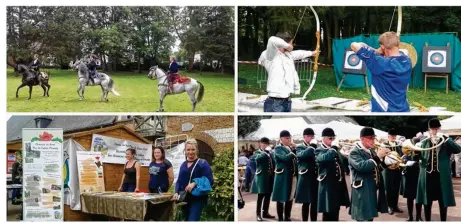  ??  ?? Dans le sens des aiguilles d’une montre : Mario Luraschi et son équipe lors de leur spectacle, le stand de tir à l’arc, les Trompes d’artois et les hôtesses du stand de l’associatio­n de défense des chemins ruraux.