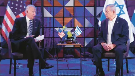  ?? EVAN VUCCI/AP 2023 ?? President Joe Biden sits with Israeli Prime Minister Benjamin Netanyahu. A poll finds more U.S. adults think foreign policy should be a top focus.
