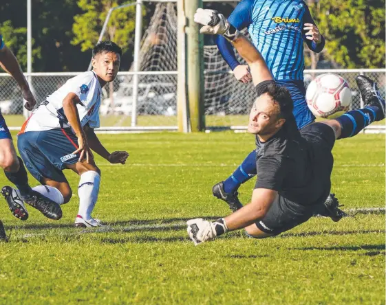  ?? Picture: LUKE SORENSEN ?? Koji Kato (left) scores the first of three goals in Nerang’s 5-0 thrashing of Tweed United in the Gold Coast Premier League last month.