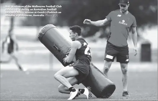  ?? Photo: VCG ?? Sam Weideman of the Melbourne Football Club tackles a bag during an Australian Football League training session at Gosch’s Paddock on Monday in Melbourne, Australia.