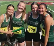  ?? KEV HUNTER/MEDIANEWS GROUP ?? Dock’s 4x400 relay foursome of (l-to-r) Bobby Jo Dodds, Lindsey Gouldey, Lydia King and Olivia Mercure raced to fourth in Class 2A.