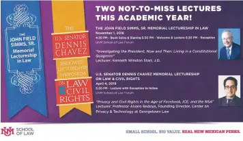  ??  ?? A mailed announceme­nt from UNM Law School promoting Ken Starr’s lecture “Investigat­ing the President, Now and Then: Living in a Constituti­onal Quagmire.”