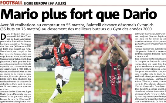  ??  ?? Avec son doublé d’hier soir Mario Balotelli a désormais dépassé Dario Cvitanich au classement des buteurs niçois. (Photos Sébastien Botella et Cyril Dodergny)