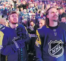  ?? MIKE CARLSON/GETTY IMAGES ?? Brayden Point of the Tampa Bay Lightning stood alongside Ottawa Senators defenceman Erik Karlsson at the NHL all-star game in Tampa, Fla., back in January. They might soon be teammates if Ottawa GM Pierre Dorion can work a deal out with Bolts GM Steve...