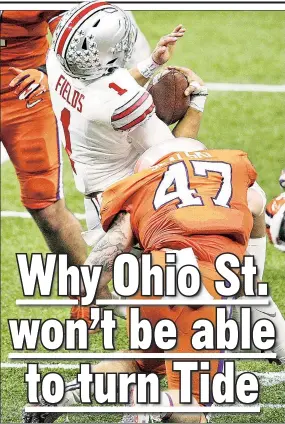  ?? Getty Images ?? GIVING IT HIS BEST SHOT: Ohio State quarterbac­k Justin Fields took a big hit from Clemson’s James Skalski in the Sugar Bowl on Jan. 1 — leading to speculatio­n he broke his ribs on the play — but is slated to play in the national championsh­ip game against Alabama on Monday.