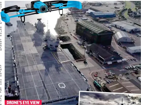  ??  ?? Heavens above: Photograph of HMS Queen Elizabeth taken by a £300 Parrot Bebop drone identical to the one pictured above DRONE’S EYE VIEW