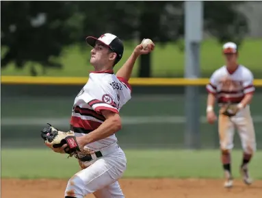  ?? BEN GOFF NWA DEMOCRAT-GAZETTE ?? Logan Easley from Rogers Heritage pitches for Rawlings Arkansas Prospects-Menard on July 7 during the Super 16 baseball tournament game against Perfect Timing Red at Veterans Park in Rogers.