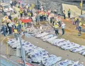  ?? AFP ?? Security officials and rescuers gather bodies of the victims who died in a stampede in Meron.