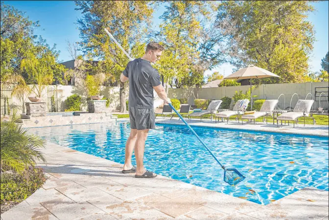 ?? Leslie’s Pool Supplies ?? With activity in and around a pool, there can be a significan­t amount of dirt and debris in your water. Use a skimmer to remove debris from the water’s surface.